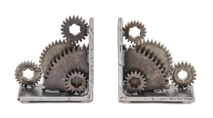 pair of unique repurposed american industrial heavy duty bookends consisting of angled iron l-brackets with welded joint gears