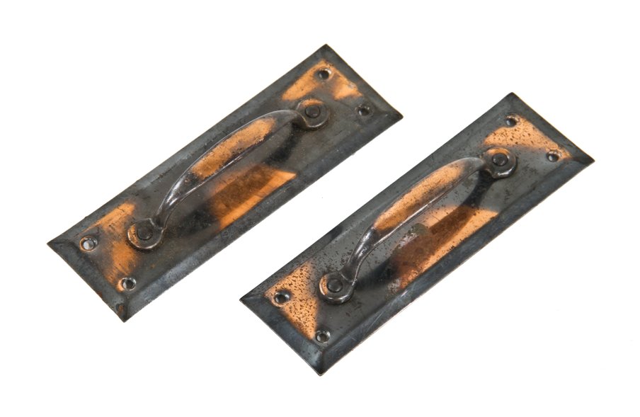 c. 1920's original "new old stock" stamped or pressed oxidized copper-plated steel drawer or door handles with beveled edge backplates