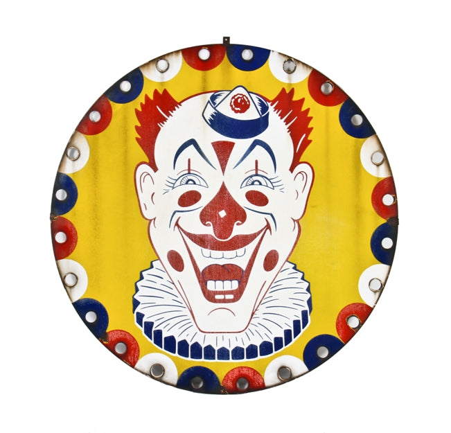 highly sought after late 1930's american single-sided polychrome porcelain enameled die cut steel fairyland amusement park entrance clown sign