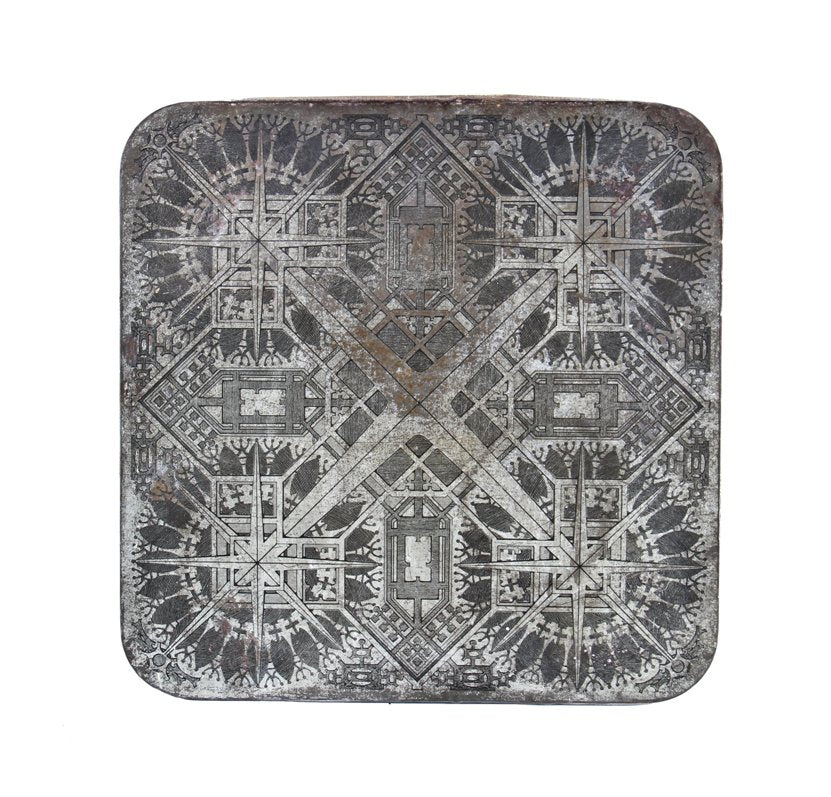 original hard to find c. 1920's american lithographed tin potbelly stoveboard or platform designed by notable architect louis h. sullivan