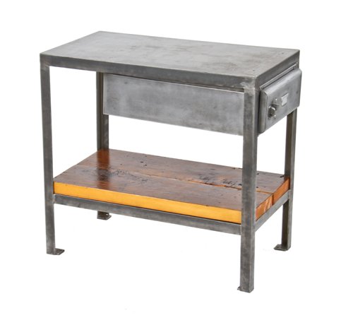 reinforced late 1940's vintage american industrial heavy gauge welded joint angled steel "equipto" side table or cabinet with single sliding drawer