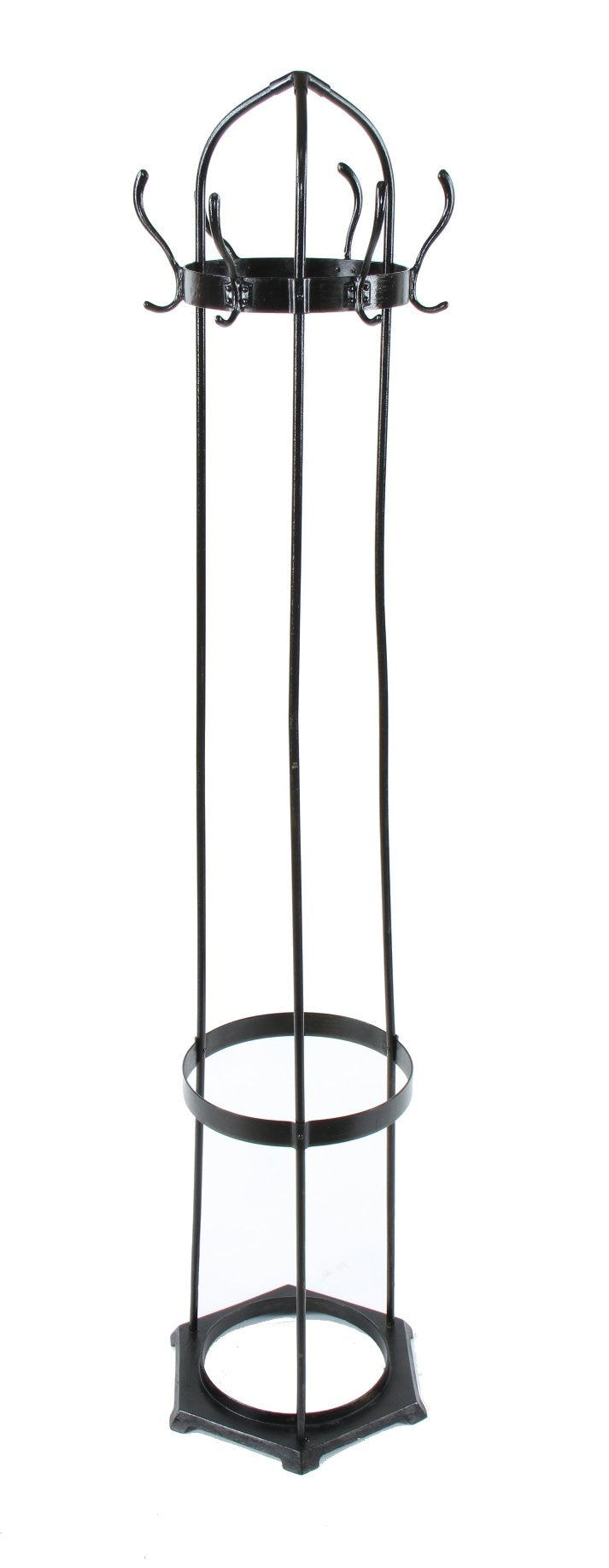 unusual american industrial bent tubular metal black enameled gothic style freestanding coat rack with intact oversized hooks