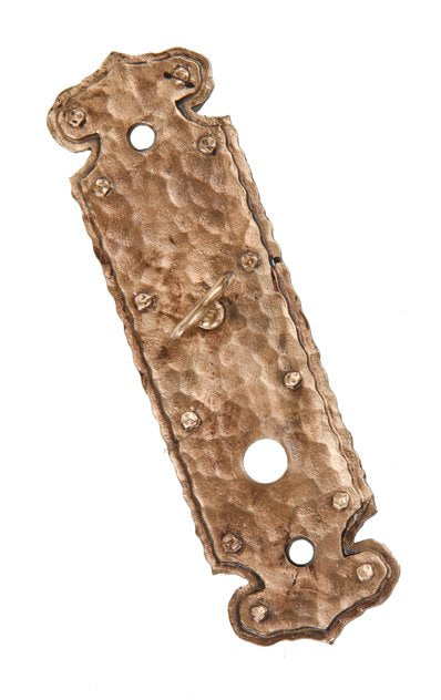 distinctive early 20th century ornamental cast bronze american arts & crafts style residential doorknob backplate with hammered finish