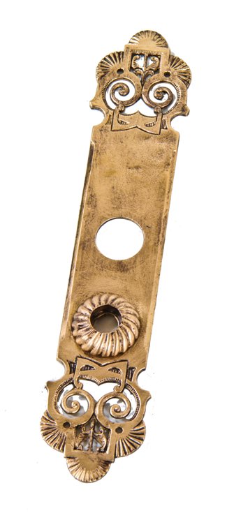 very unique c. 1890's antique american ornamental cast bronze oversized entrance door backplate featuring intricate scrollwork