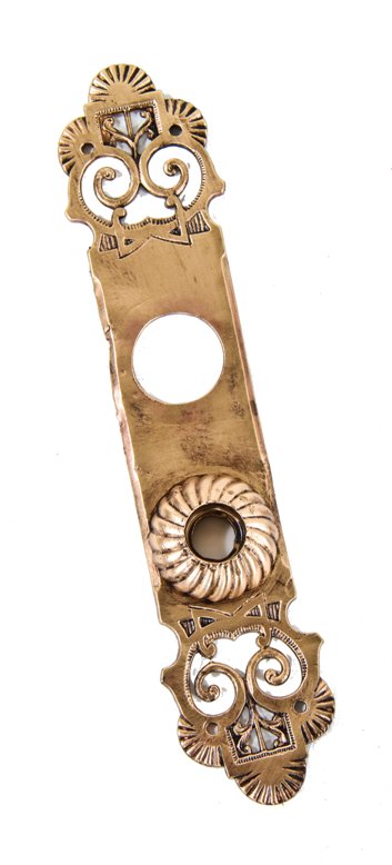 late 19th century american ornamental pierced cast bronze metal exterior residential entrance door backplate with unusual thimble