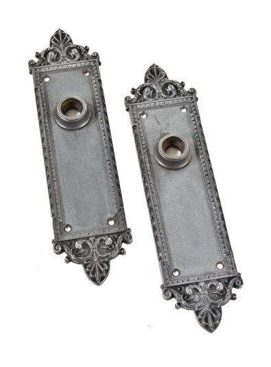 two matching early 20th century american neoclassical style ornamental cast iron "amalfi" pattern commercial doorknob backplates accentuated with detailed anthemions