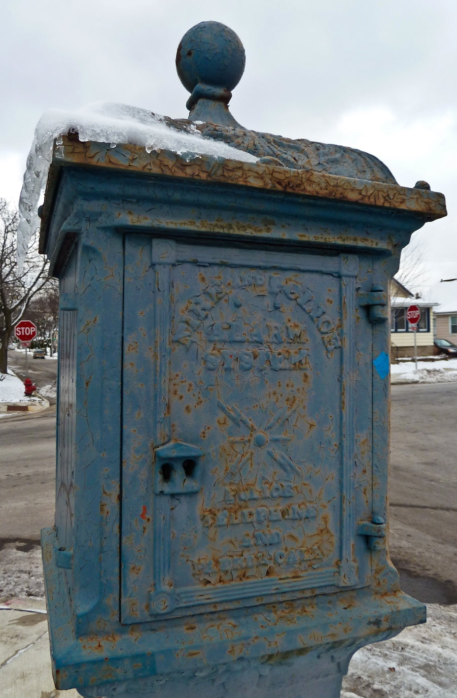 original early 20th century antique american ornamental cast iron city of milwaukee freestanding police or fire department call box top with intact ball finial