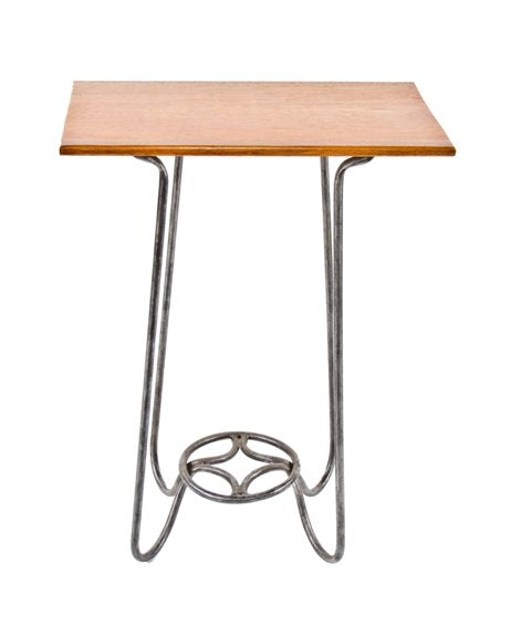 unusual vintage american industrial custom-built brushed tubular steel four-legged stand with newly added solid mahogany wood table top