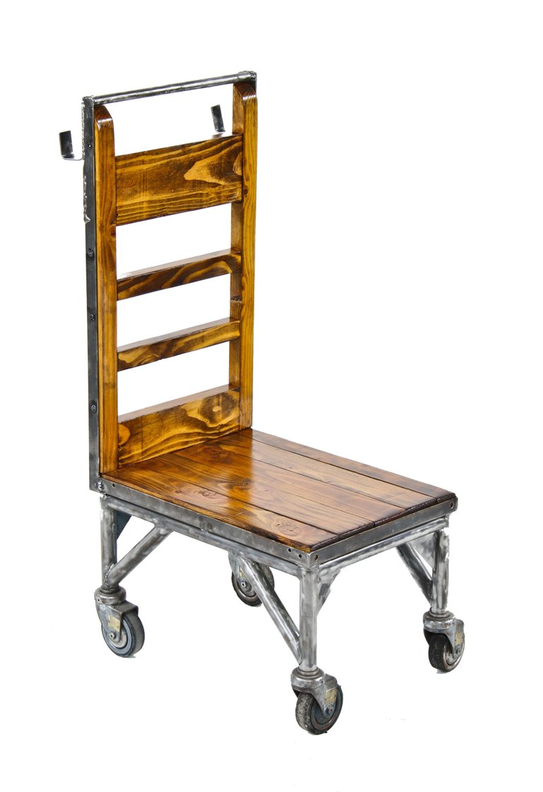 repurposed vintage american industrial all-welded tubular steel "ladderback" mobile factory cart with oversized hardened black rubber casters