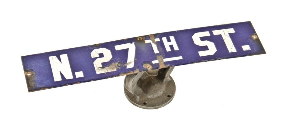 original c. 1930's american single-sided cobalt blue porcelain enameled chicago city street sign with bold white lettering