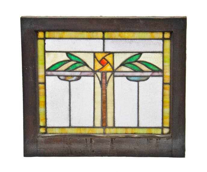 c. 1915-20 original and intact american interior residential chicago bungalow leaded art glass window featuring a centrally located abstract flower flanked by leafage