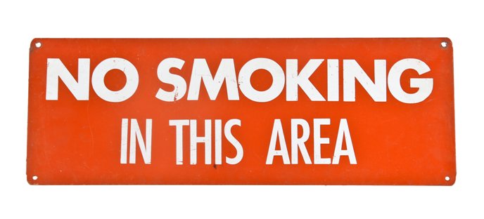 intact vintage american industrial flush mount bright cherry red enameled "no smoking" cold-rolled steel factory warning sign