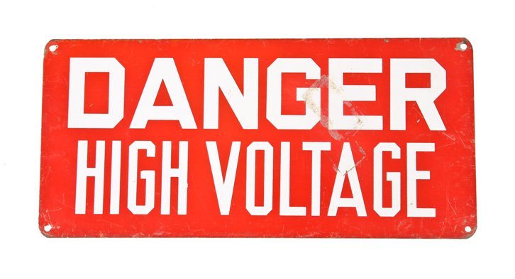 single-sided vintage american industrial baked enameled steel "high voltage" wall-mount factory danger or cautionary sign