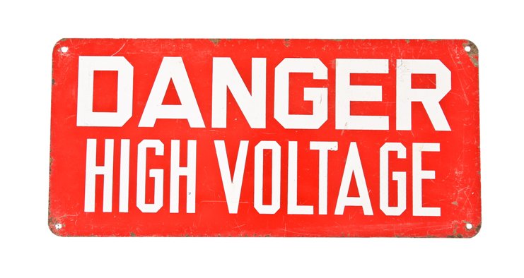 c. 1950's vintage american industrial single-sided cold-rolled steel cherry red enameled "high voltage" factory cautionary sign