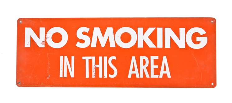 c. 1950's vintage american industrial chicago paint factory cold-rolled steel "no smoking" flush mount sign with red and white enameled color scheme