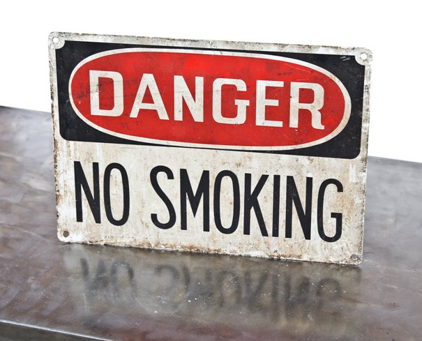 original late 1940's american vintage industrial single-sided baked enameled sheet steel "no smoking" wall-mount factory cautionary or danger sign