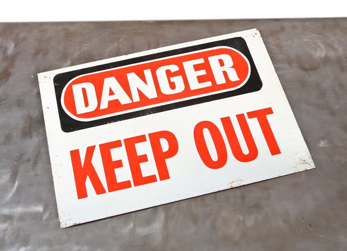 single-sided american vintage industrial baked enameled sheet steel "keep out" wall-mount factory danger or cautionary sign
