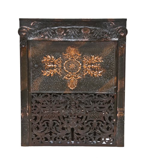 late 19th century american victorian era decorative cast iron and stamped tin residential fireplace gas insert with largely intact oxidized copper-plated finish