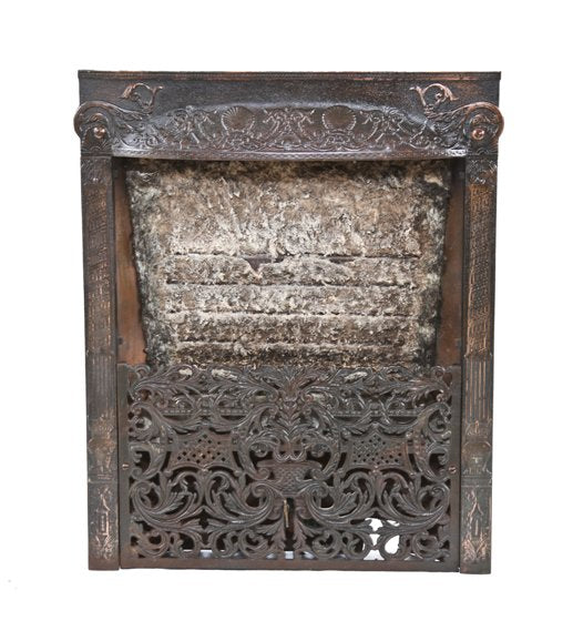 original 19th century antique american fanciful cast iron dawson residential fireplace gas insert with largely intact oxidized copper-plated finish