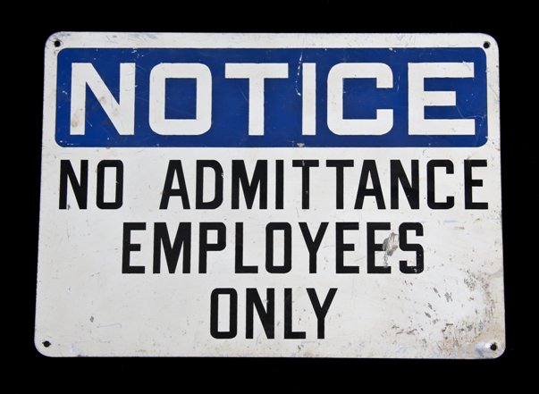 c. 1950's vintage american industrial baked enameled die cut steel single-sided "employees only" notification factory sign
