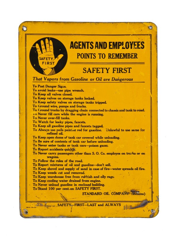 original and intact c. 1910-20 american vintage industrial bright yellow enameled die cut steel "points to remember safety first sign