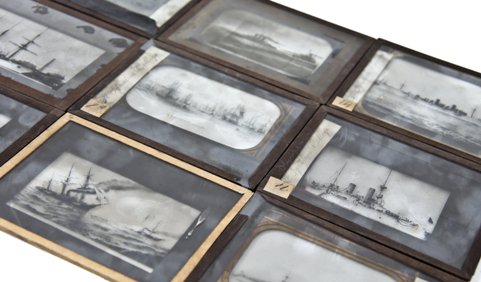 early 20th century american industrial lithographed "magic lantern" instructional glass slides depicting warships
