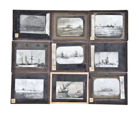 early 20th century american industrial lithographed "magic lantern" instructional glass slides depicting warships