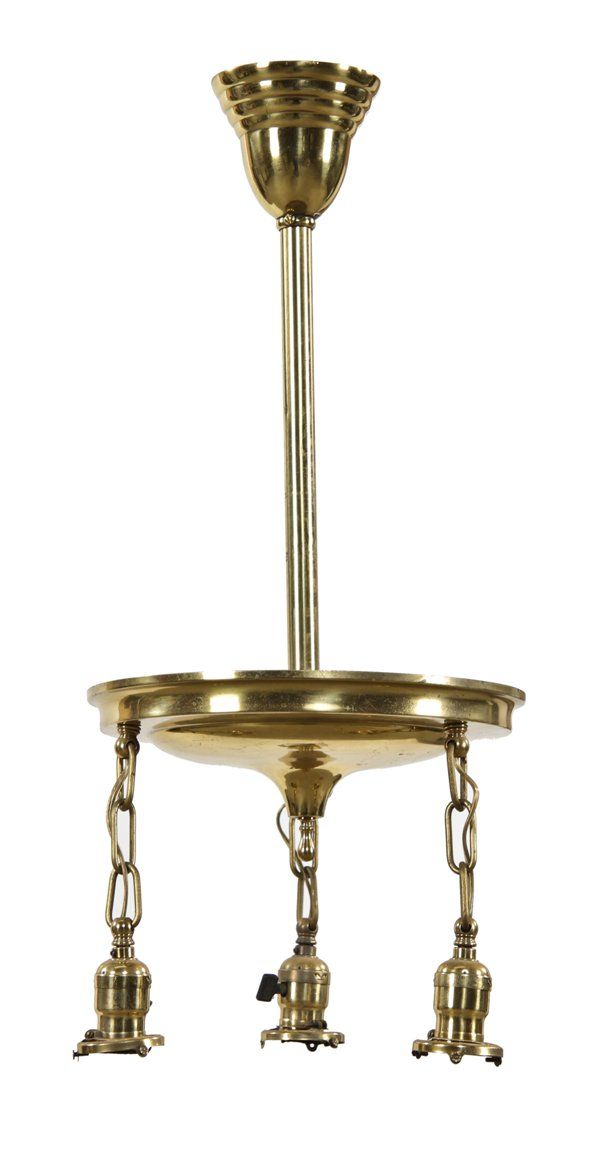refinished early 20th century antique american r. williamson polished brass three-light interior ceiling fixture