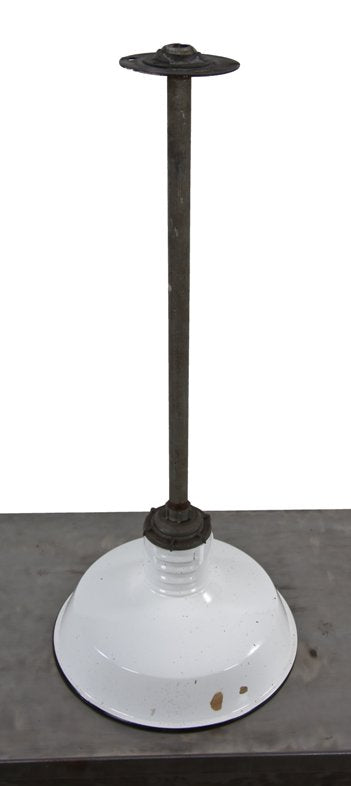 late 1930's american made vintage industrial single electric "ivanhoe" pendant light fixture with white porcelain enameled steel reflector