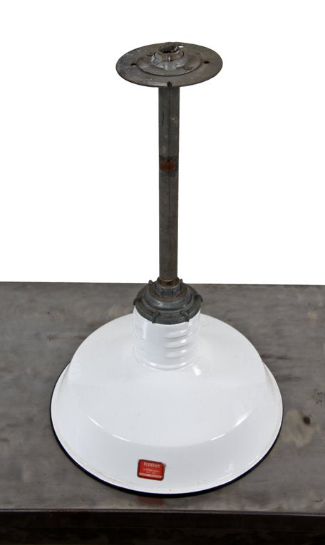 c. 1930's american vintage industrial white porcelain enameled cold-rolled steel "ivanhoe" interior chicago firehouse pendant light fixture