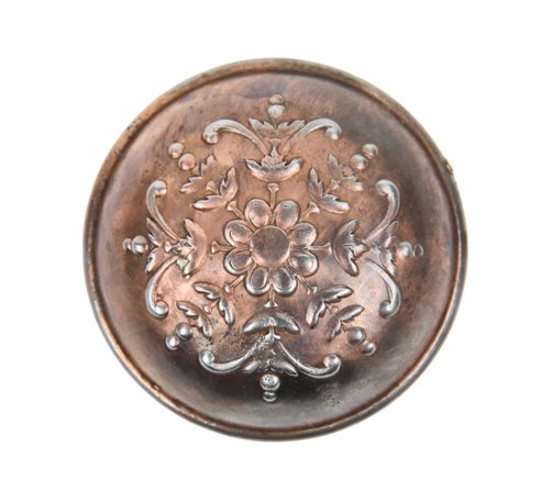 banded rim dome-shaped wrought ornamental steel "argyle" pattern antique american passage size doorknob with partially intact copper-plated finish