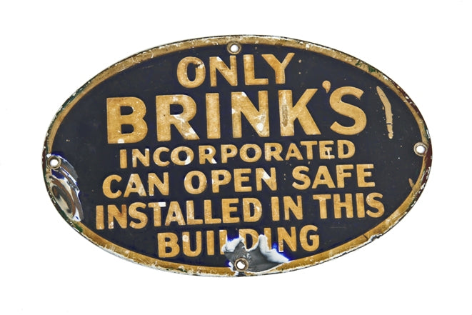 vintage c. 1930's die cut steel weathered and worn single-sided porcelain enameled oval-shaped brink's safe security sign