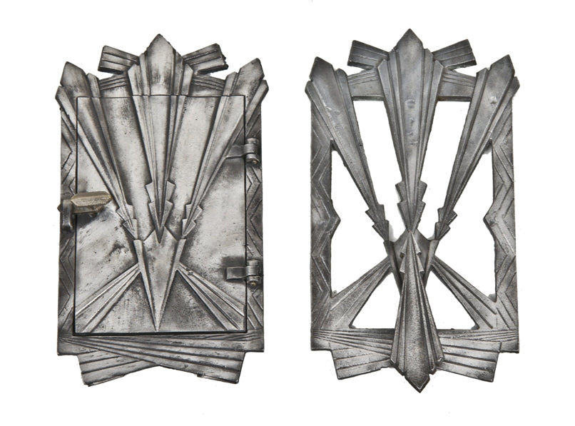 visually striking c. 1920's american art deco style original residential entrance door cast aluminum combination doorknocker and peephole
