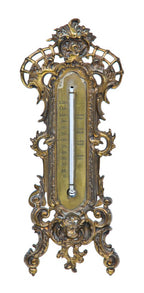 original and fully functional richly ornamented american rococo revival style victorian era ornamental cast bronze wall-mount or freestanding indoor room thermometer