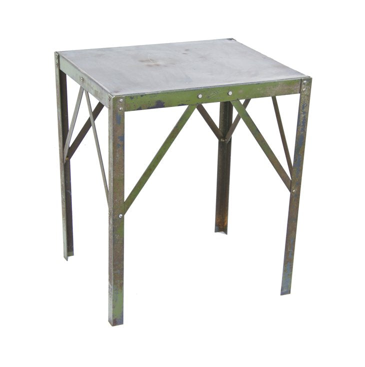 late 1940's vintage american industrial distressed "pollard green" enameled cold-rolled steel stationary factory machine table with four-sided cross bracing
