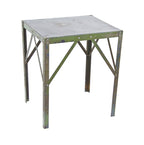 late 1940's vintage american industrial distressed "pollard green" enameled cold-rolled steel stationary factory machine table with four-sided cross bracing