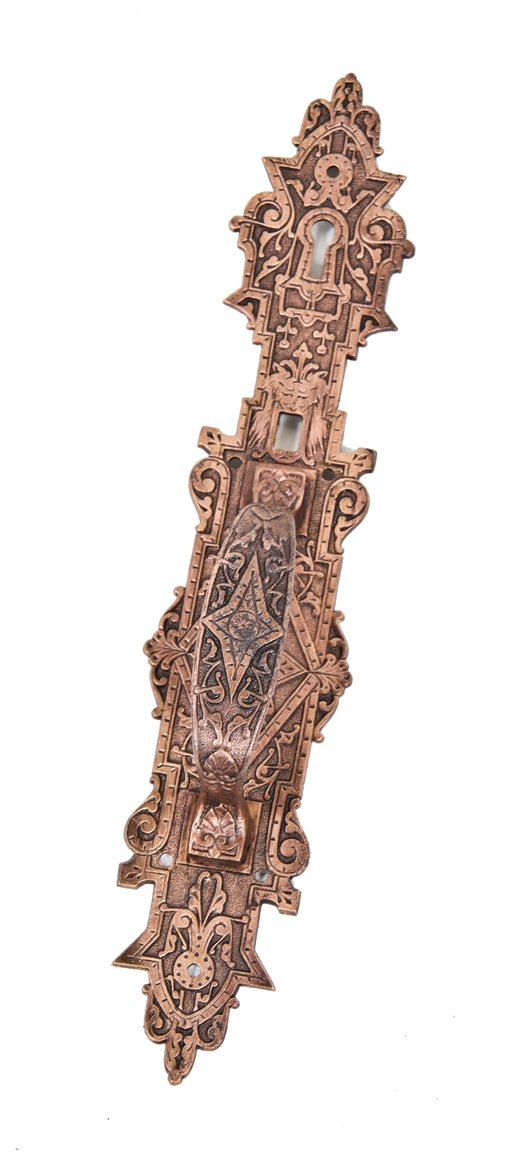 original impressively detailed late 1870's american antique victorian era ornamental cast bronze metal exterior commercial building door pull