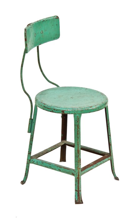 pressed and folded "factory green" enameled all-welded joint c. 1930's four-legged stationary factory stool with intact backrest and flared feet