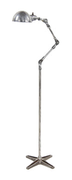 late 1940's vintage american industrial freestanding fully adjustable brushed steel articulating arm floor lamp with intact on/off toggle switch