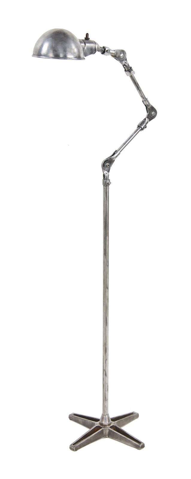 late 1940's vintage american industrial freestanding fully adjustable brushed steel articulating arm floor lamp with intact on/off toggle switch