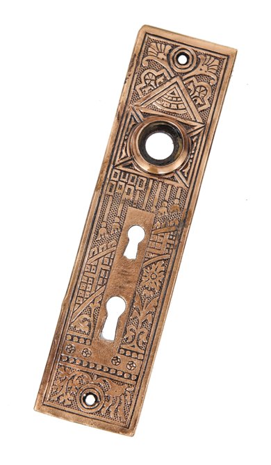 original 19th century american eastlake style ornamental cast brass residential "ceylon" pattern entrance door backplate or two skeleton keyholes