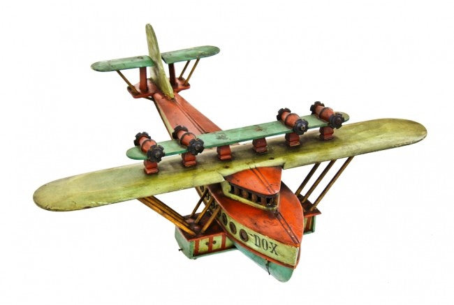 one-of-a-kind c. 1930's museum quality american folk art handcrafted polychromatic enameled wood dornier do x model flying boat with allover crazed finish