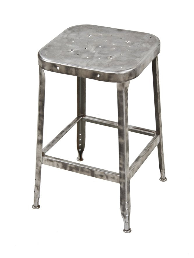 original c. 1950's vintage american industrial refinished low-lying cold-rolled steel four-legged factory stool with pierced metal seat