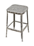 original c. 1950's vintage american industrial refinished low-lying cold-rolled steel four-legged factory stool with pierced metal seat