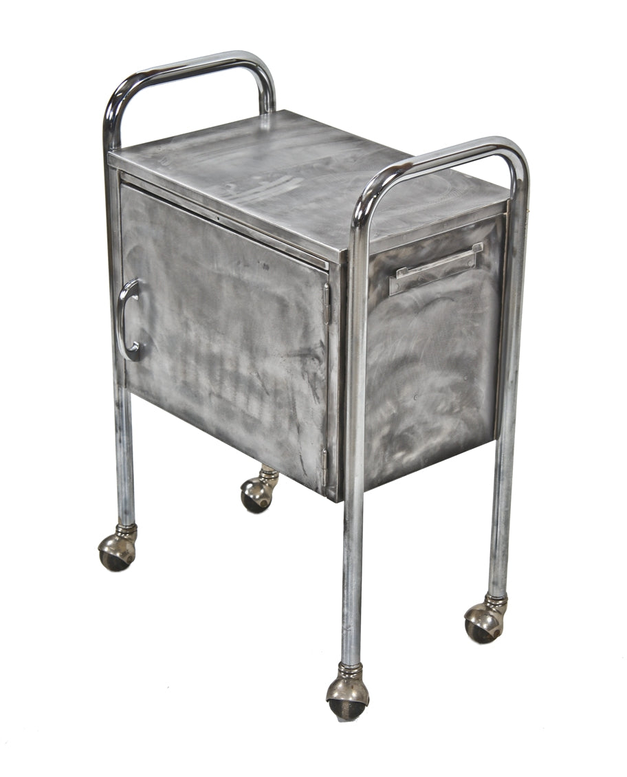 late 1930's american machine age vintage medical diminutive mobile hospital single door supply cabinet with chrome plated bent tubular steel legs