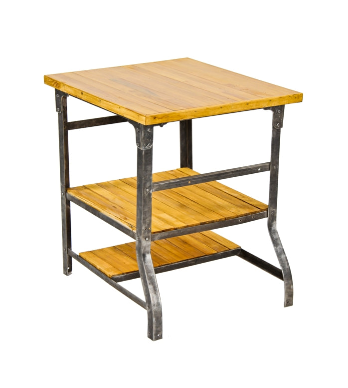 original c. 1930's vintage american industrial riveted joint angled steel machine shop work stand with newly added maple wood shelves