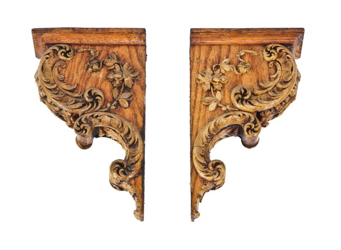 two matching late 19th century american antique ornamental interior residential oak wood corbels with intricately designed composite appliqué