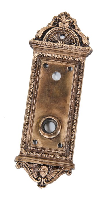 early 20th century antique american ornamental cast bronze "parma" pattern diminutive doorplate featuring a fanciful winged cherub