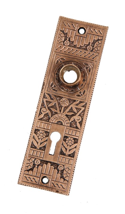 original c. 1880's eastlake style ornamental cast bronze "windsor" pattern single residential doorknob backplate with oil-rubbed bronze metallic enameled inlay