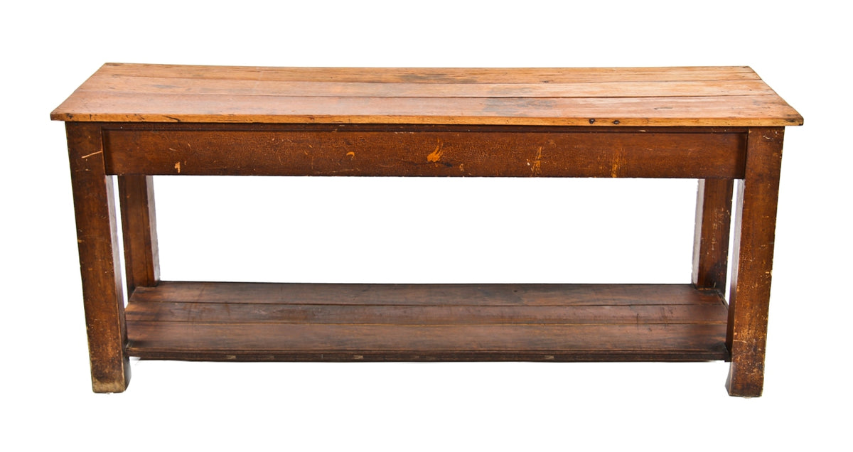 late 19th/early 20th cent. antique american primitive interior general store product display furniture fixture with a refinished solid white oak wood tabletop